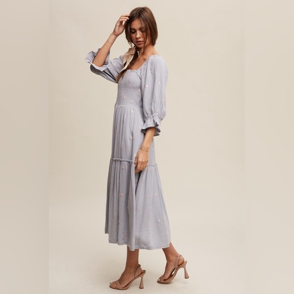 457. AT COST! 🛑LAST 1Grey blue Embroidered Cotton Maxi Dress Floral Puff Pockets - Picture 2 of 7